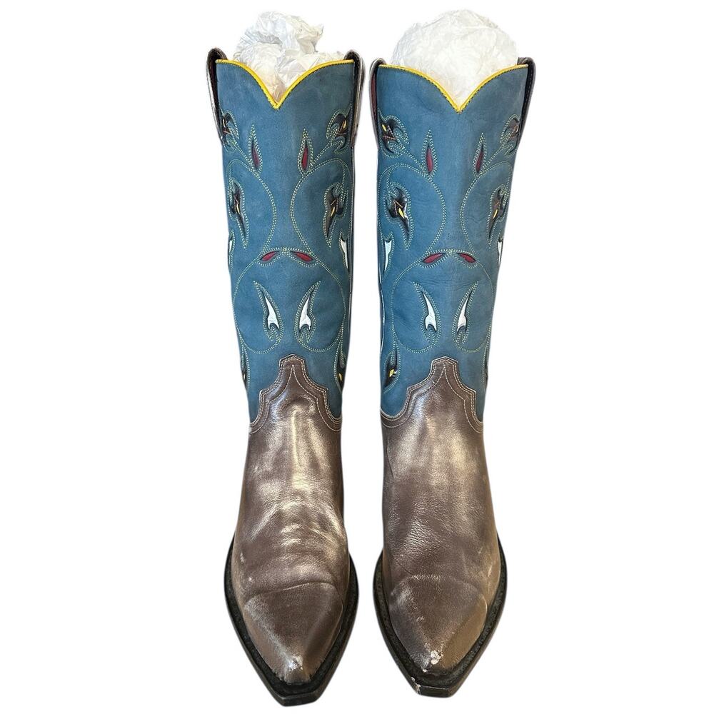 Frye Vintage Floral Blue Leather Pointed Tow Cowgirl Boots 8.5